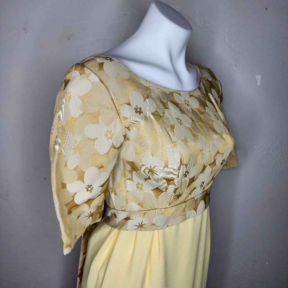 Stunning Vintage Yellow and Gold Brocade and Crepe Maxi Dress With Train - Picture 6 of 17